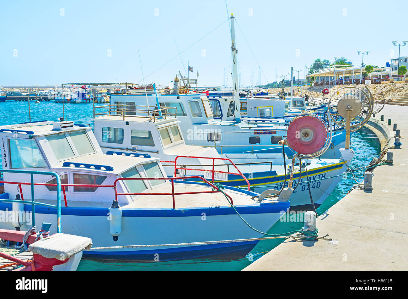 The promenade along the port in the small fishing village of Zugi, Cyprus. Stock Photo