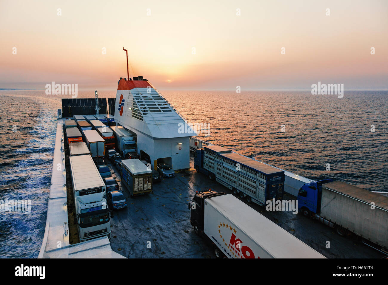 Near Bari, Italy - June 21, 2012: Ferry from Bari, Italy to Corfu, Greece. High angle view. Stock Photo