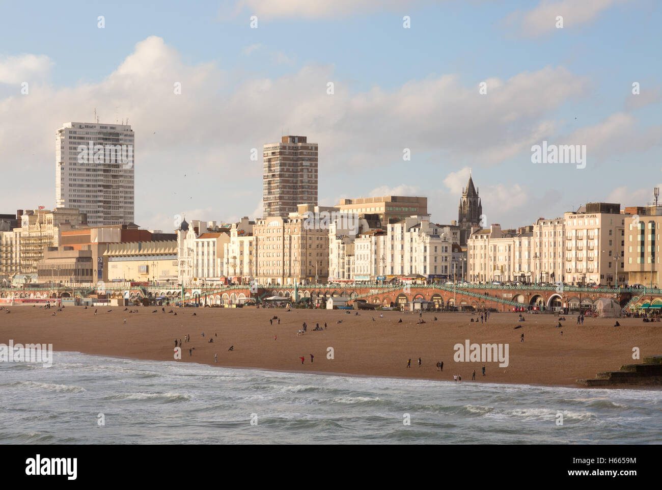 Brighton seafront and beach seen from the East Pier, Brighton, East Sussex England UK Stock Photo