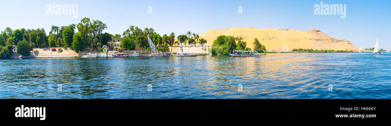 Panorama of the Kitchener's island with the desert western bank on the background, Aswan, Egypt. Stock Photo