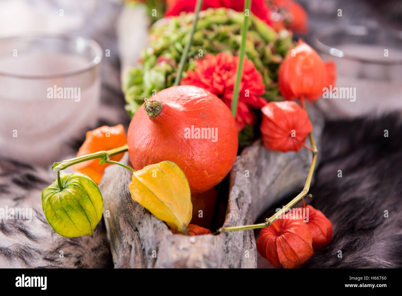 Autumn decoration in a bowl on a fur Stock Photo