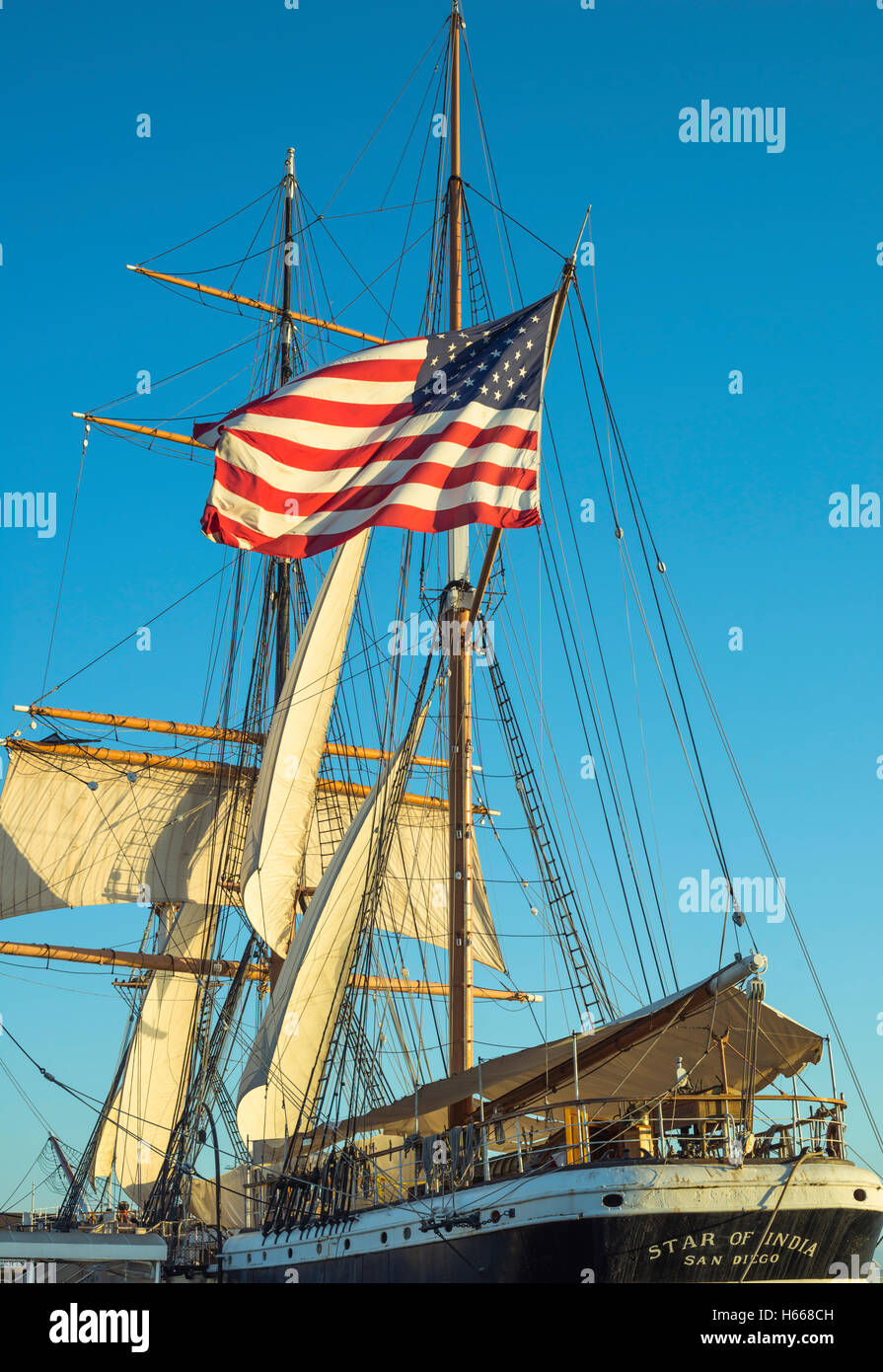 American Flag on the Star of India ship. San Diego, California, USA. Stock Photo