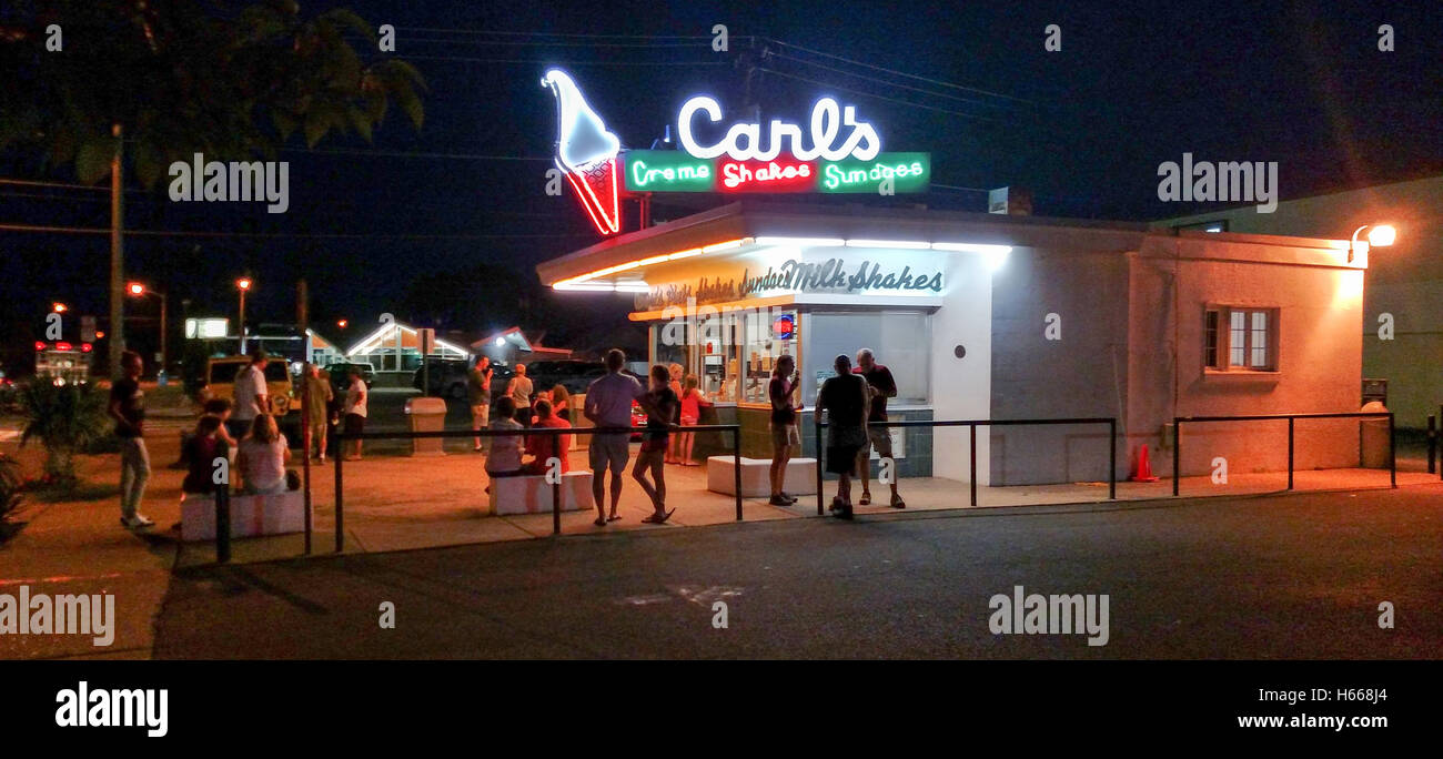 Carl's panorama  Carl's Ice Cream, in downtown Fredericksburg, Virginia, is listed on the National Register of Historic Places. Stock Photo