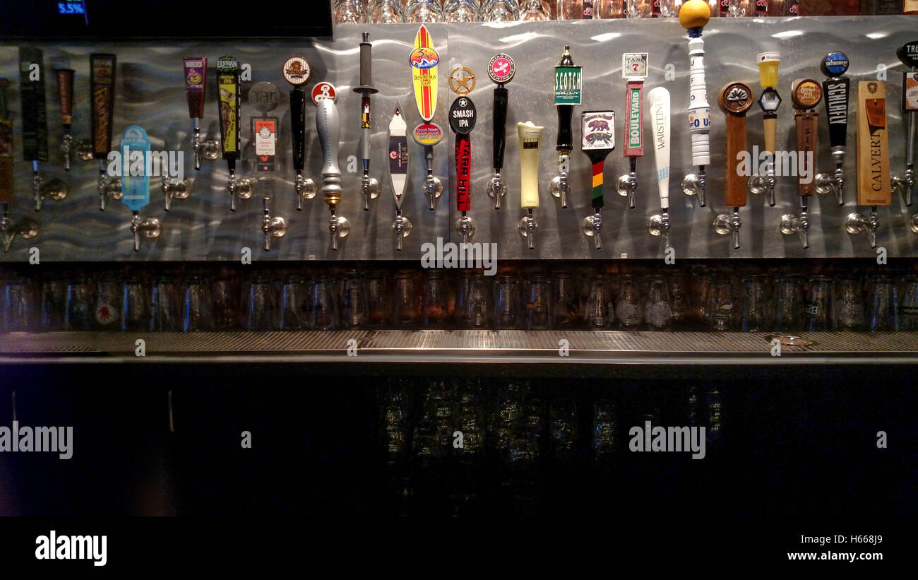 Draft beers at the ready, Frisco Tap House & Brewery, Crofton, Maryland Stock Photo