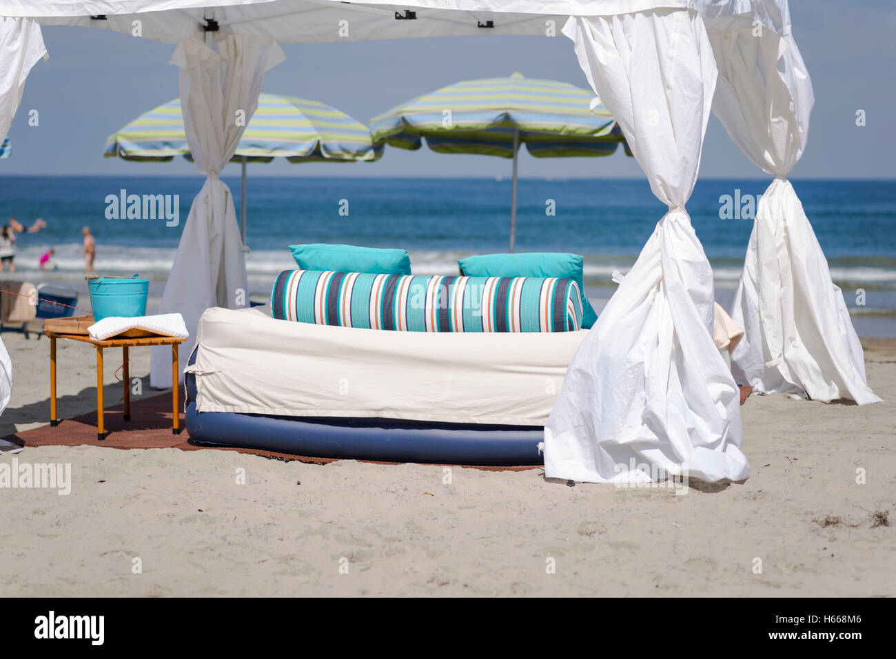 beach cabana, beach umbrellas. La Jolla Shores Beach, California. Stock Photo