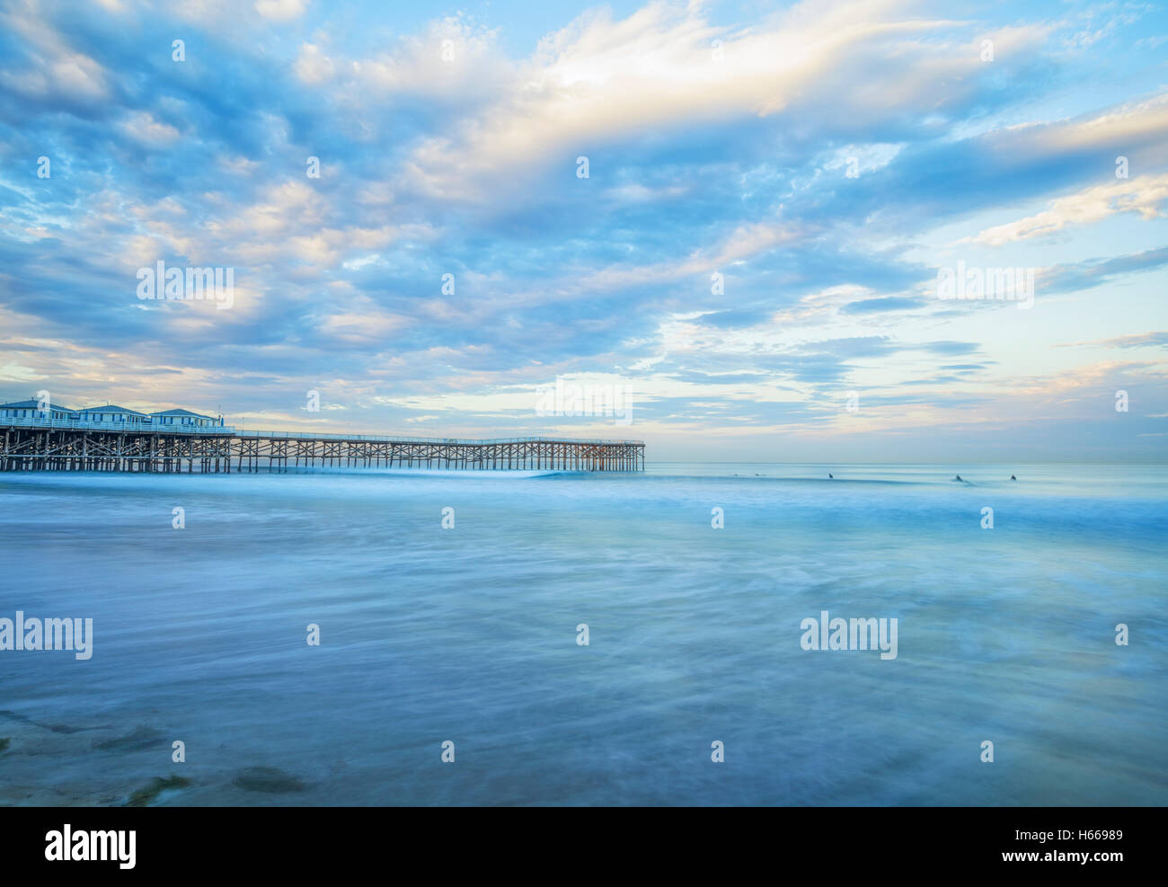 Crystal Pier, cloudy morning. Pacifiic Beach, San Diego, California, USA. Stock Photo