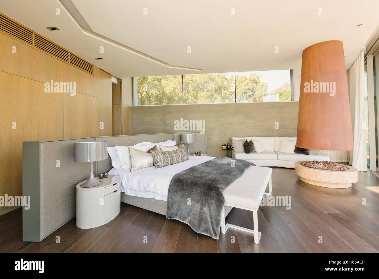 Modern Luxury Home Showcase Bedroom With Fireplace Stock