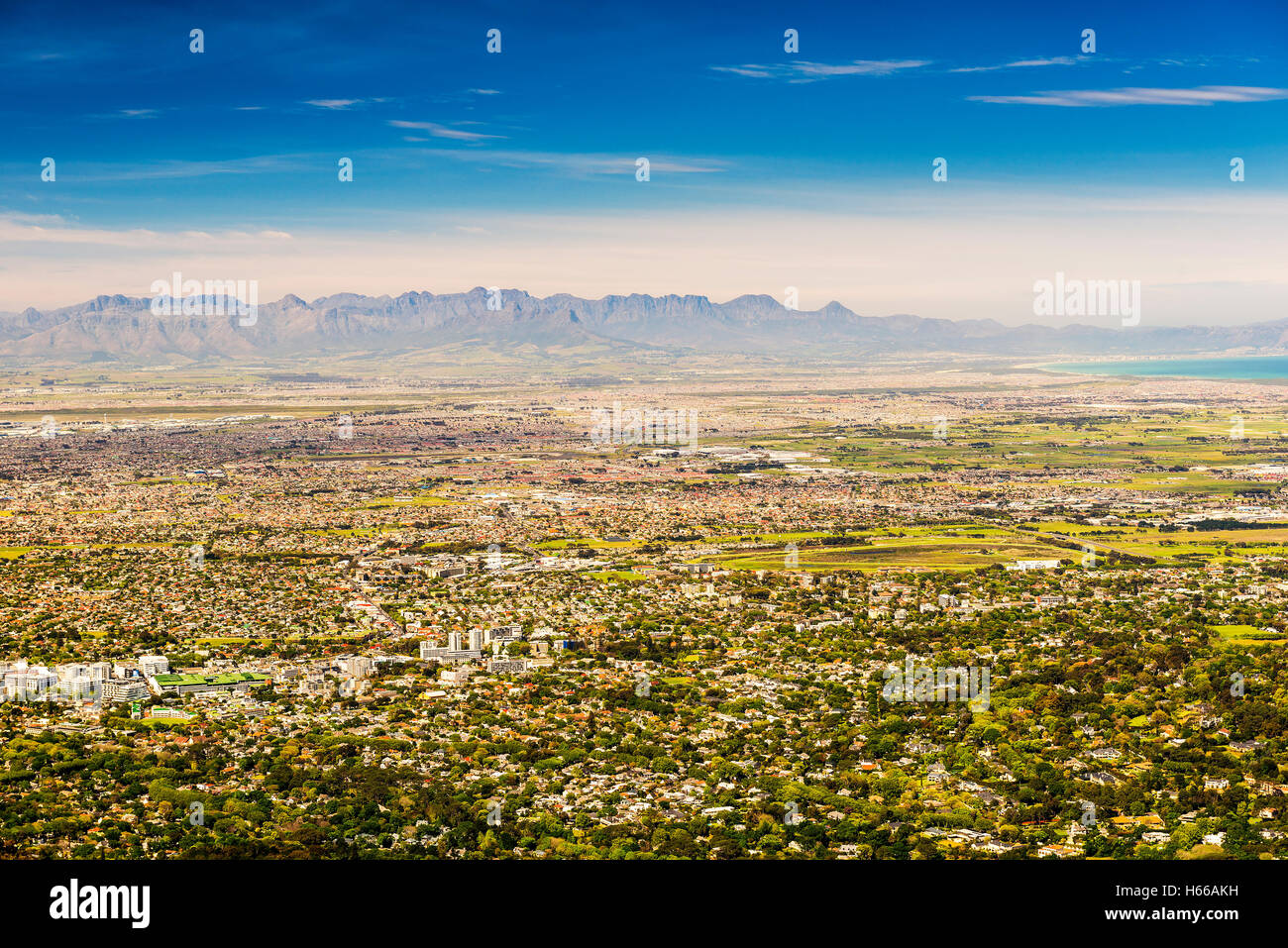 Panoramic view of Cape Town towards Stellenbosch mountains from Table Mountain in South Africa Stock Photo