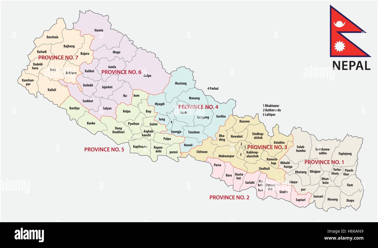 nepal administrative and political (province) map with flag Stock Vector