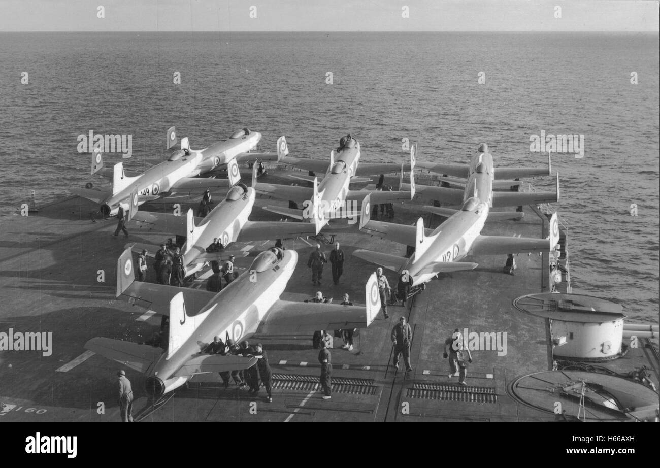 Sea Hawk fighter jets on deck Aircraft Carrier HMS Unicorn in the South ...