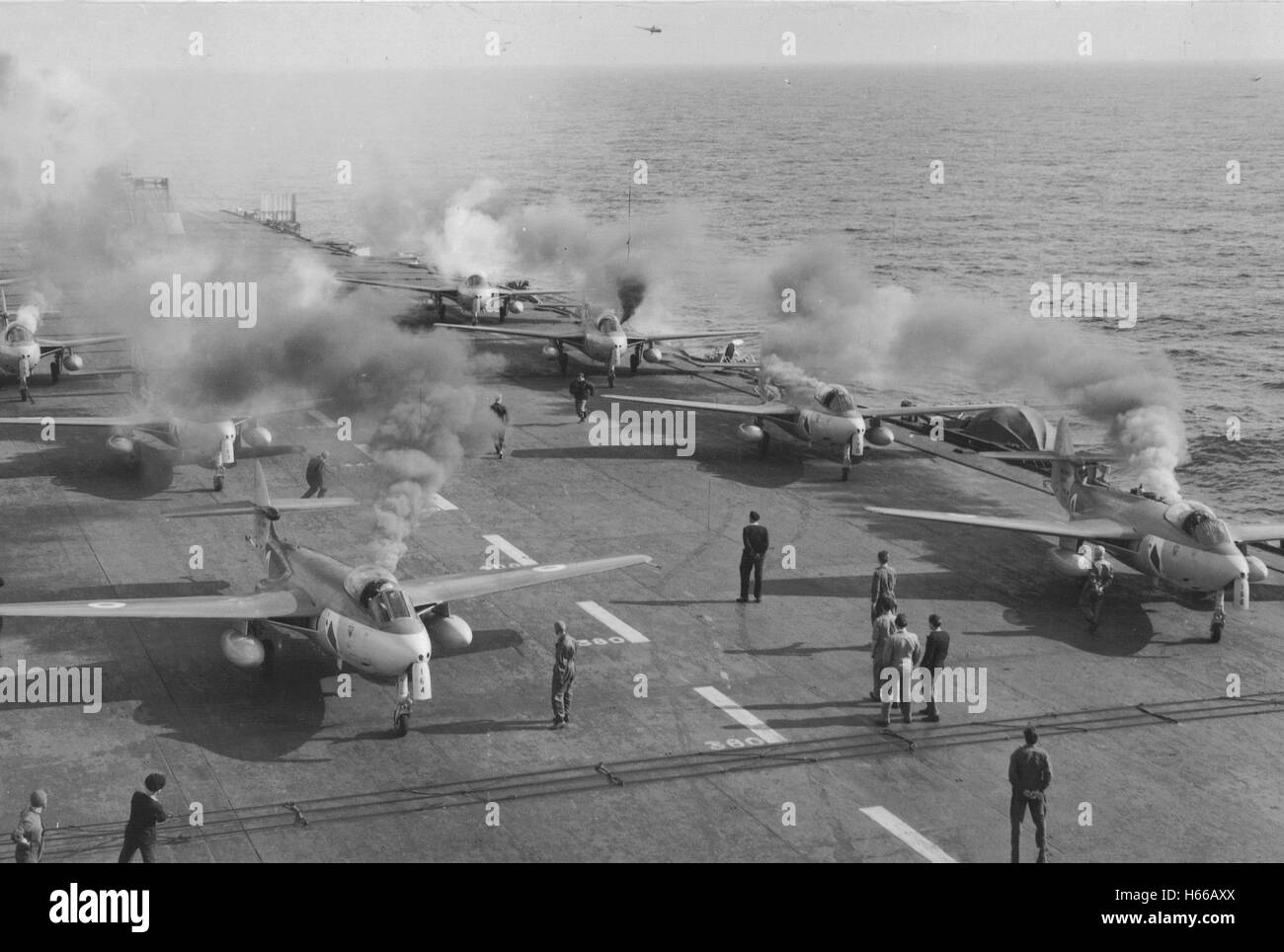 Sea Hawk fighter jets start up on deck Aircraft Carrier HMS Unicorn in ...