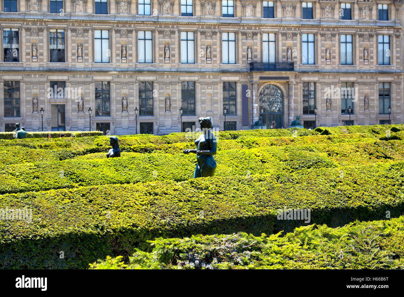 Expansive, 17th-century formal garden dotted with statues, including 18 bronzes by Maillol at Jardin Des Tuileries in Paris Stock Photo