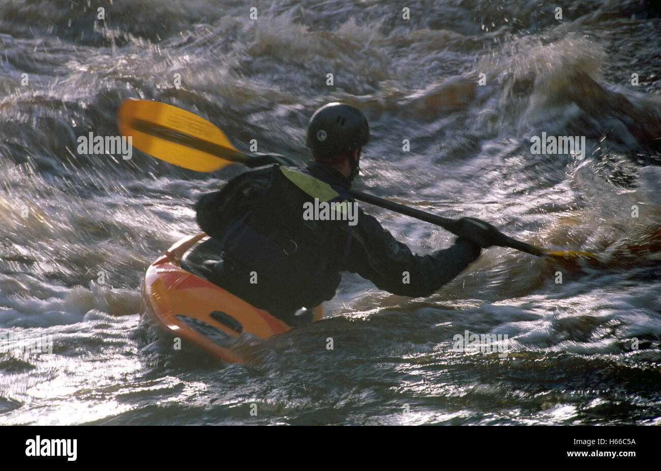 Kayaker on the River Roe, Limavady, County Derry, Northern Ireland. Stock Photo