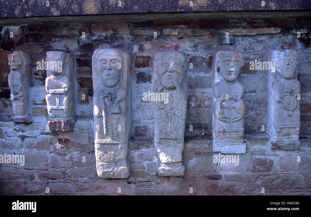 Early Christian carvings on a 12th-century church. White Island, Lough Erne, County Fermanagh, Northern Ireland. Stock Photo