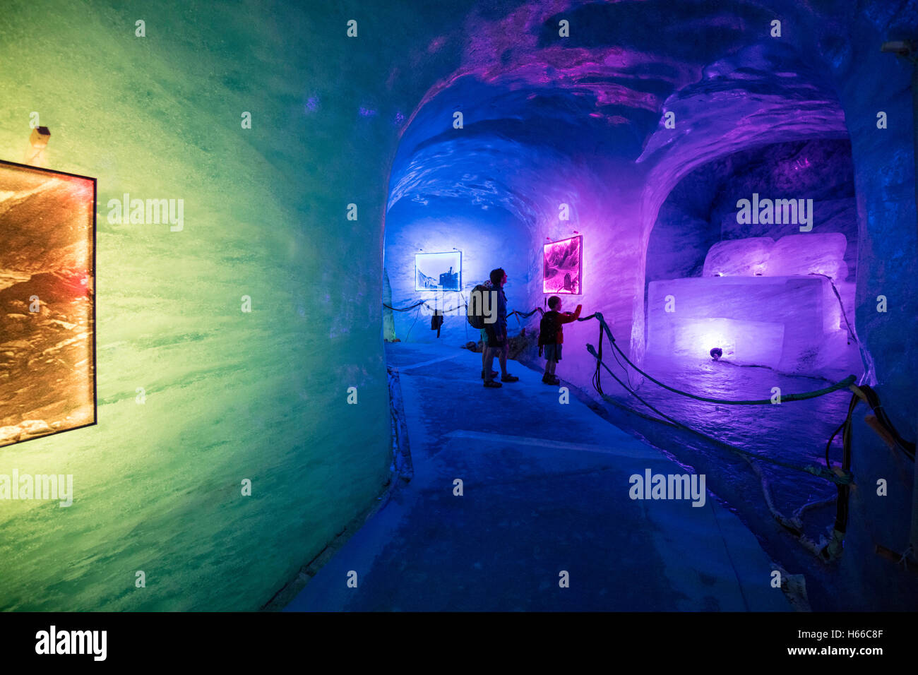 Illuminated ice cave inside Mer de Glace glacier, Montenvers. Chamonix Valley, French Alps, France. Stock Photo