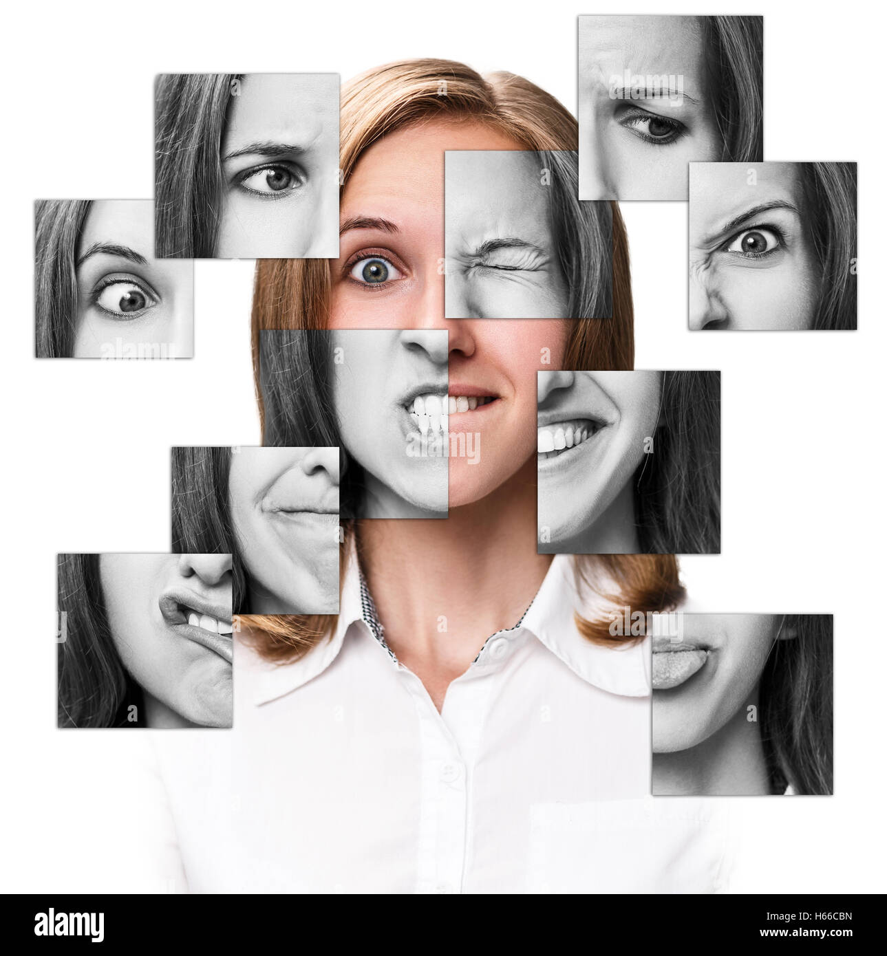 Collage of emotional woman face collected from different parts. Isolated on white Stock Photo