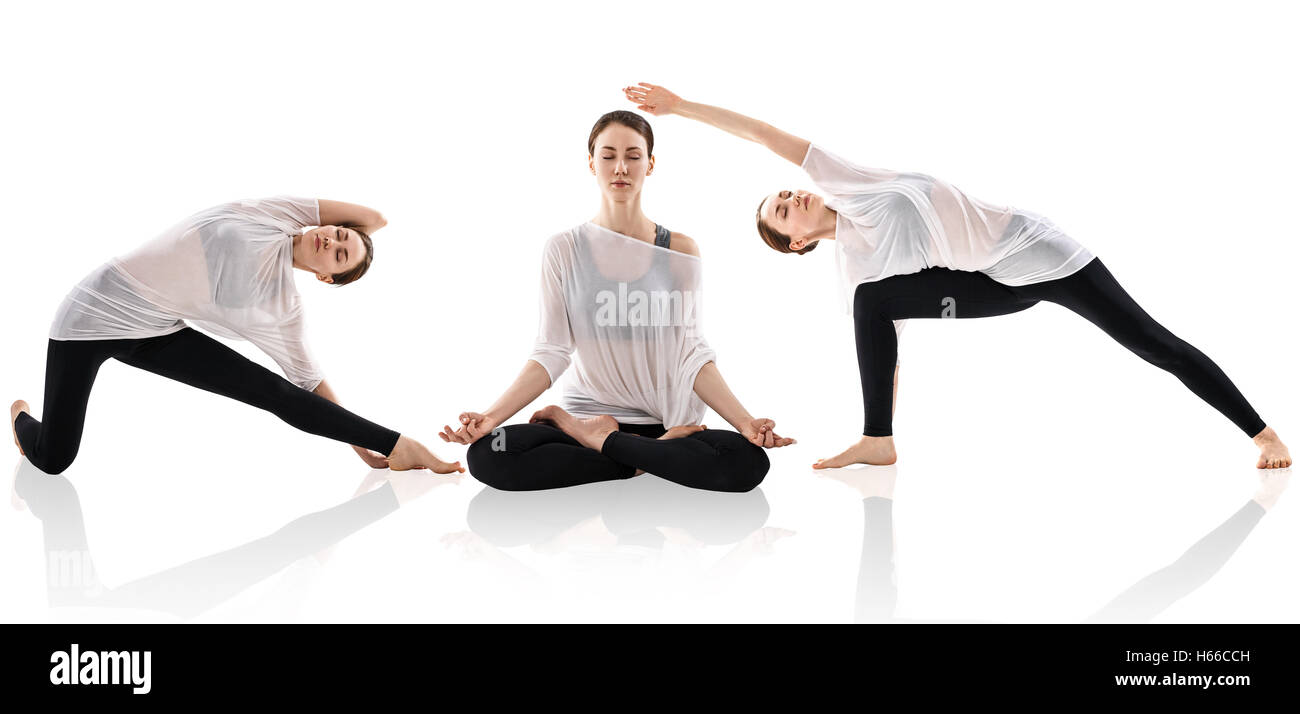 Collage of young woman doing yoga exercise in the white room Stock Photo