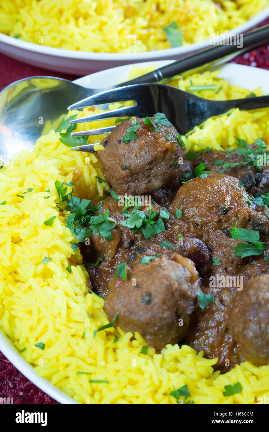 A pub/bar dish of Chili spiced Lamb meatballs served with Saffron rice