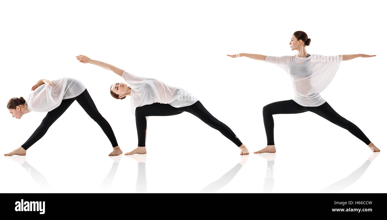 Collage of young woman doing yoga exercise in the white room Stock Photo