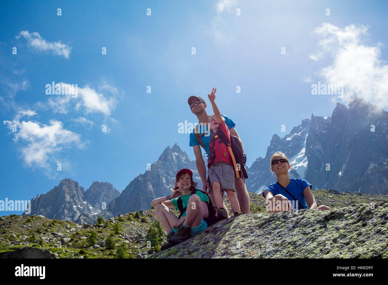 Hiking family on the Grand Balcon Nord, Chamonix Valley, French Alps, France. Stock Photo