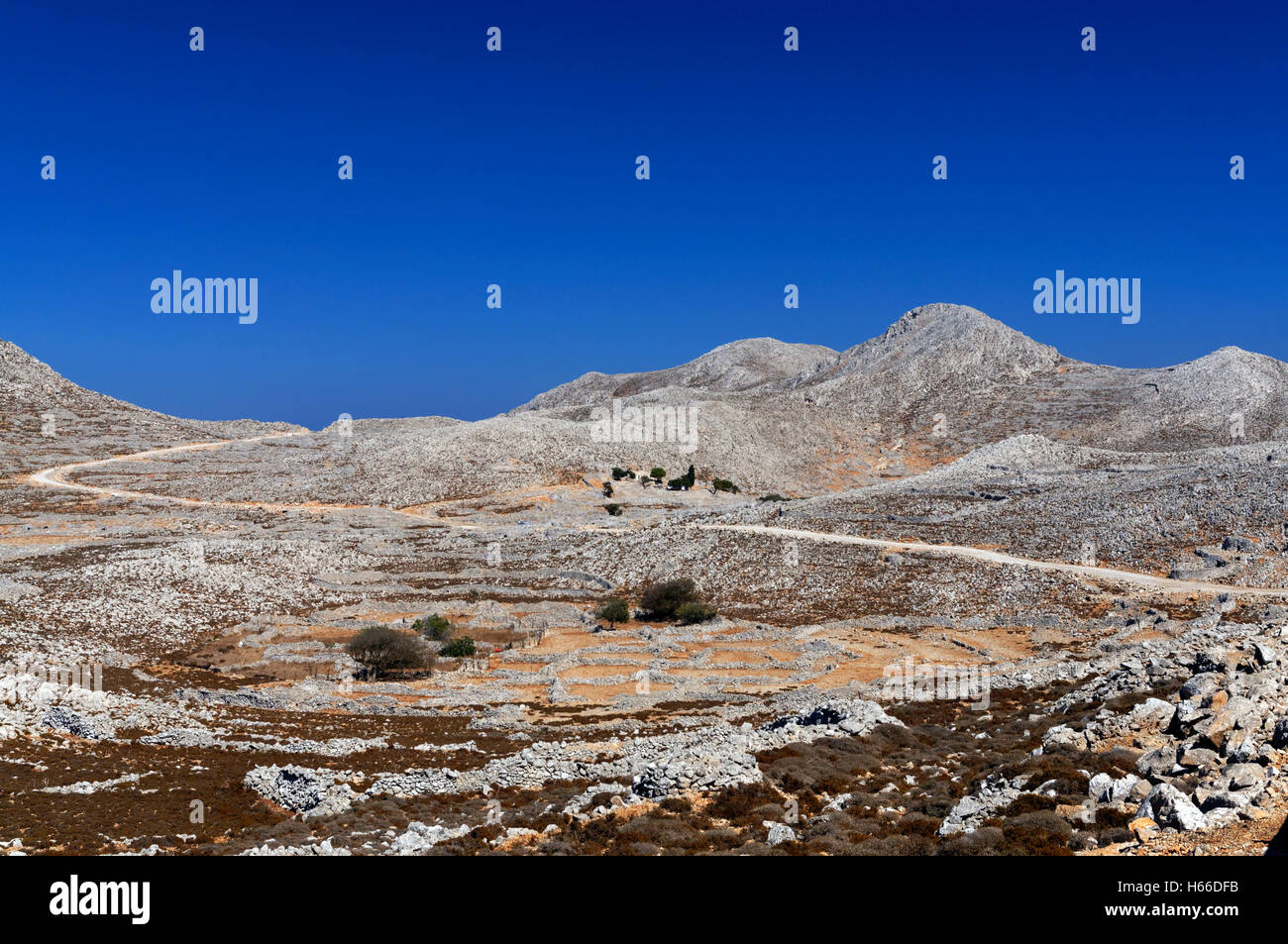 Remote and wild mountain landscape high up in the mountainous interior of Chalki Island near Rhodes, Dodecanese Islands, Greece. Stock Photo