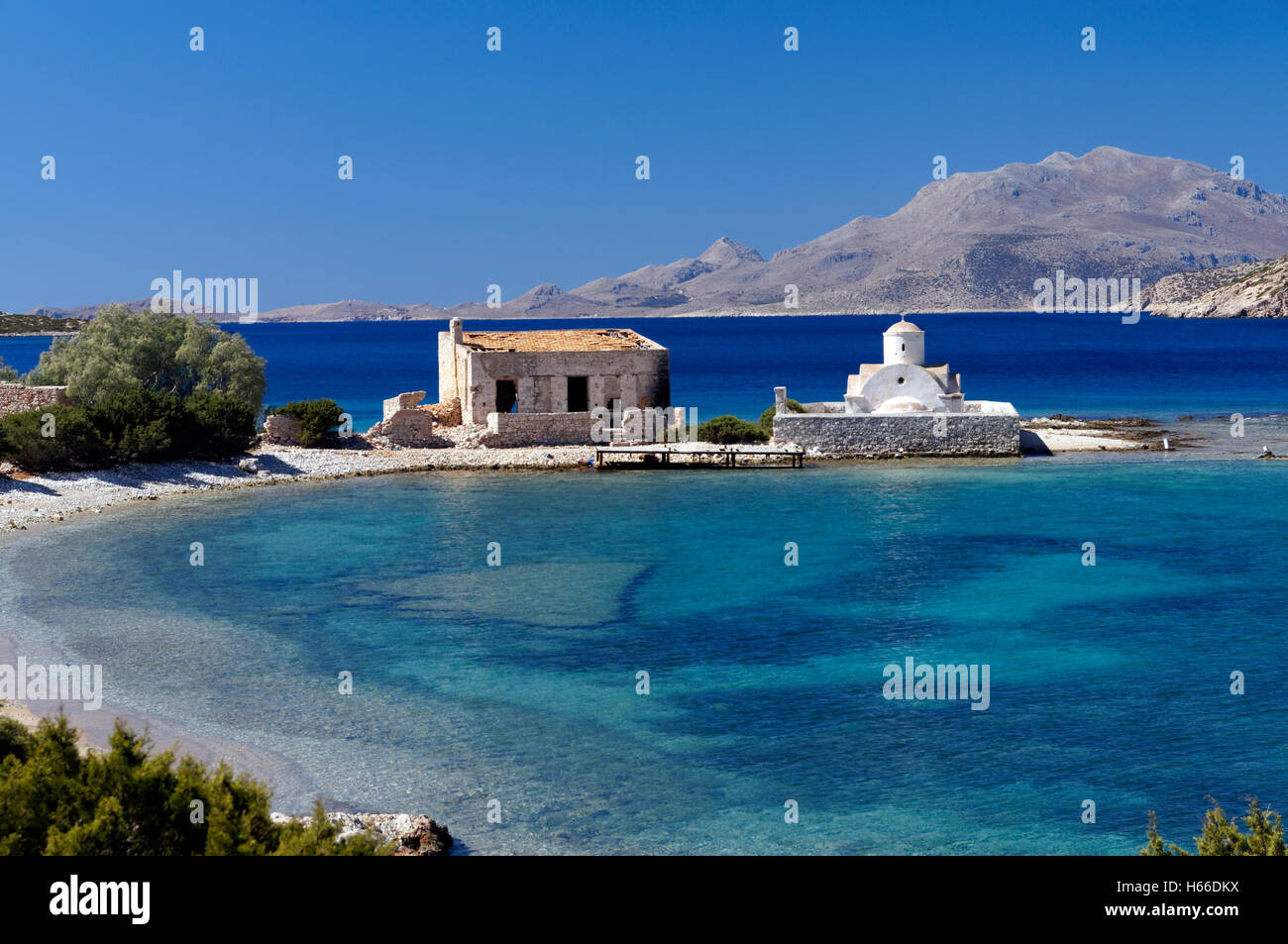 Alimnia Island and Aghios Minas church. Situated between Chalki and  Rhodes, Dodecanese Islands, Greece. Stock Photo