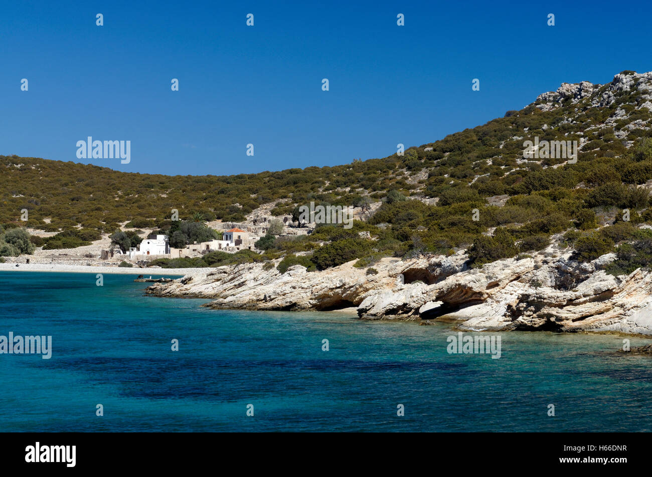 St Georges Bay and abandoned village, Alimnia Island near Rhodes, Dodecanese Islands, Greece. Stock Photo