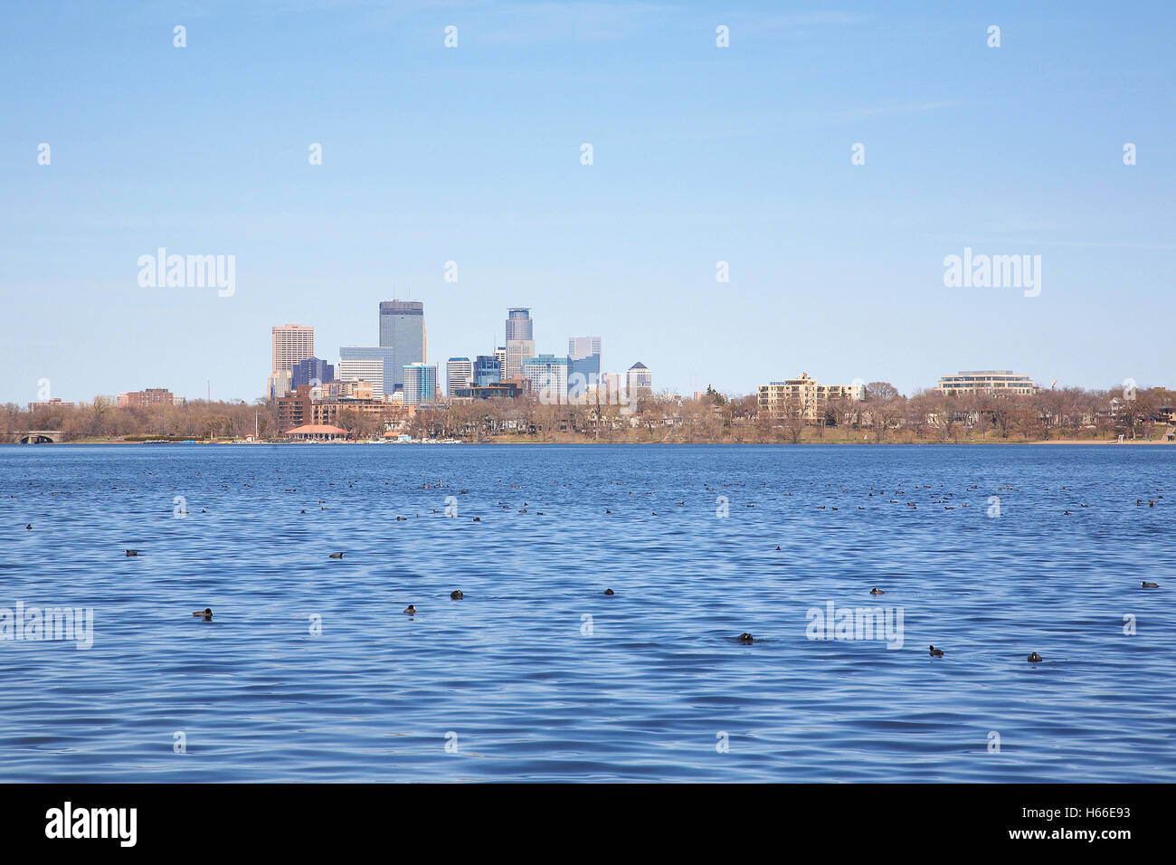The city of Minneapolis looking across lake Calhoun, Minnesota, USA Stock Photo