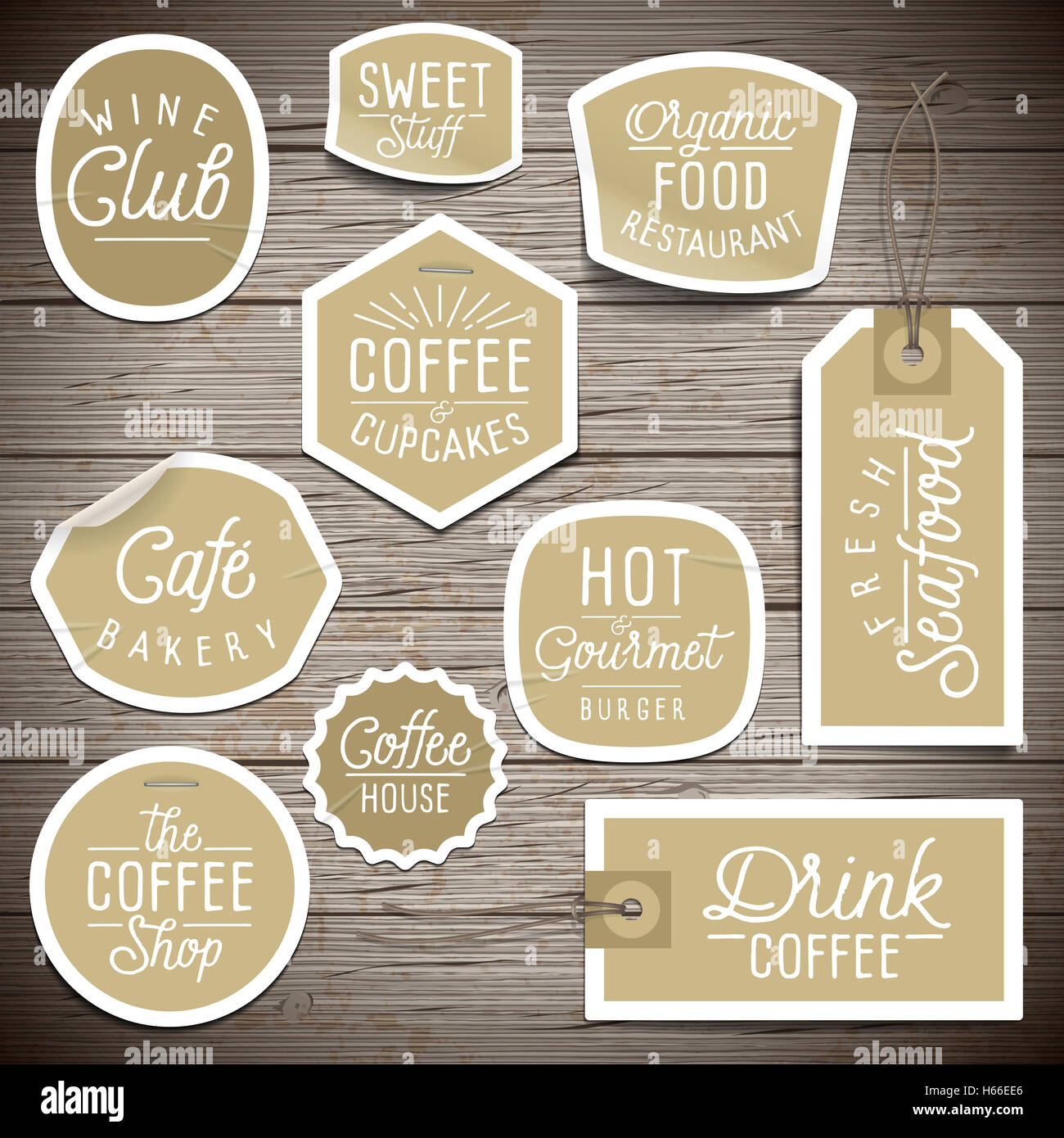 Stickers on rustic wood background for cafe and restaurant Stock Photo ...