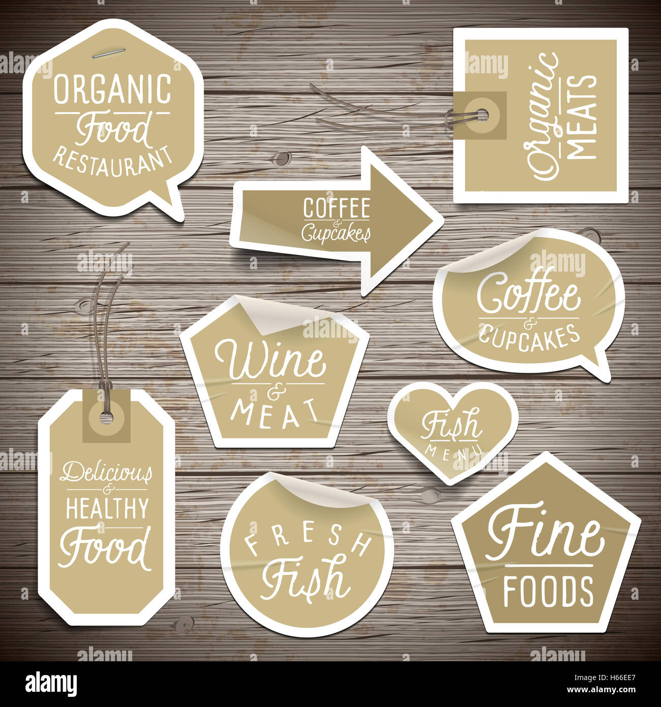Stickers on rustic wood background for cafe and restaurant Stock Photo ...