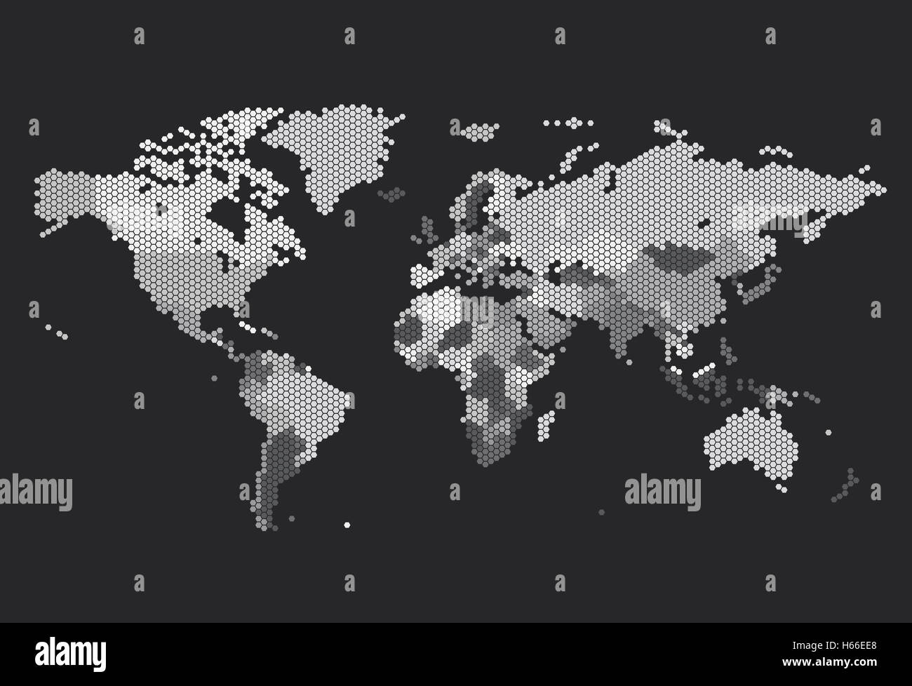Dotted World map of hexagonal dots on dark background Stock Photo - Alamy