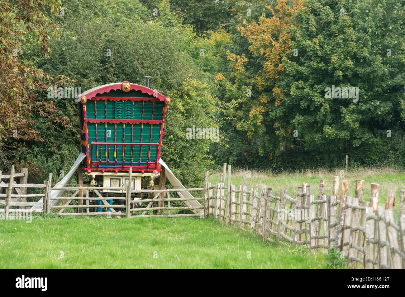 Reading style Gypsy caravan at Weald and Downland open air museum, Singleton, Sussex, England Stock Photo