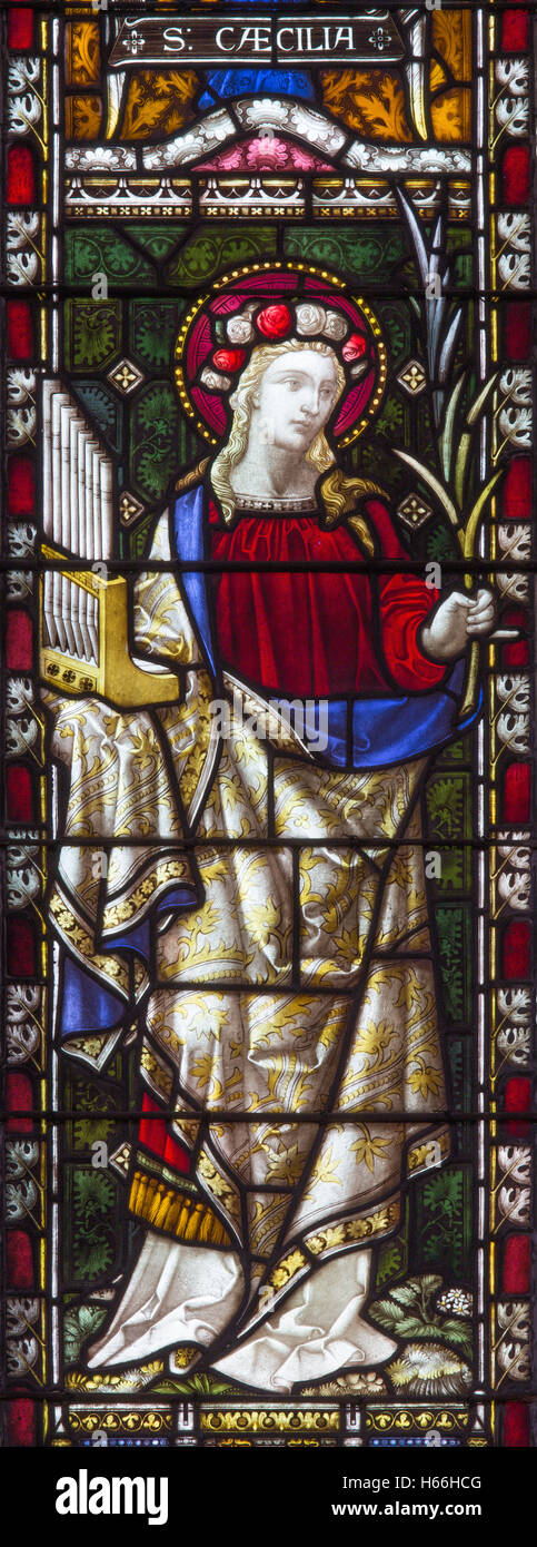 ROME, ITALY - MARCH 9. 2016: The St. Cecilia on the stained glass of All Saints' Anglican Church by workroom Clayton and Hall Stock Photo