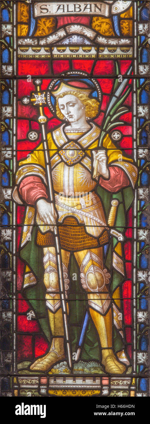 ROME, ITALY - MARCH 9. 2016: The St. Alban on the stained glass of All Saints' Anglican Church by workroom Clayton and Hall Stock Photo