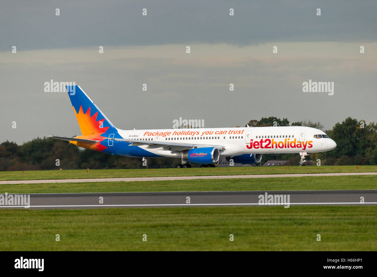 GLSAJ Boeing 757236 Jet2. departure. Manchester Airport England Stock