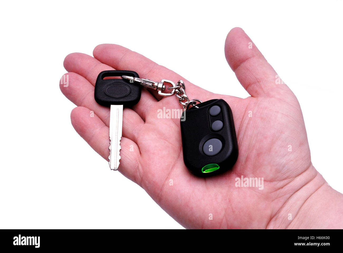 Automobile keys and remote control panel from the car alarm system in a hand. Stock Photo