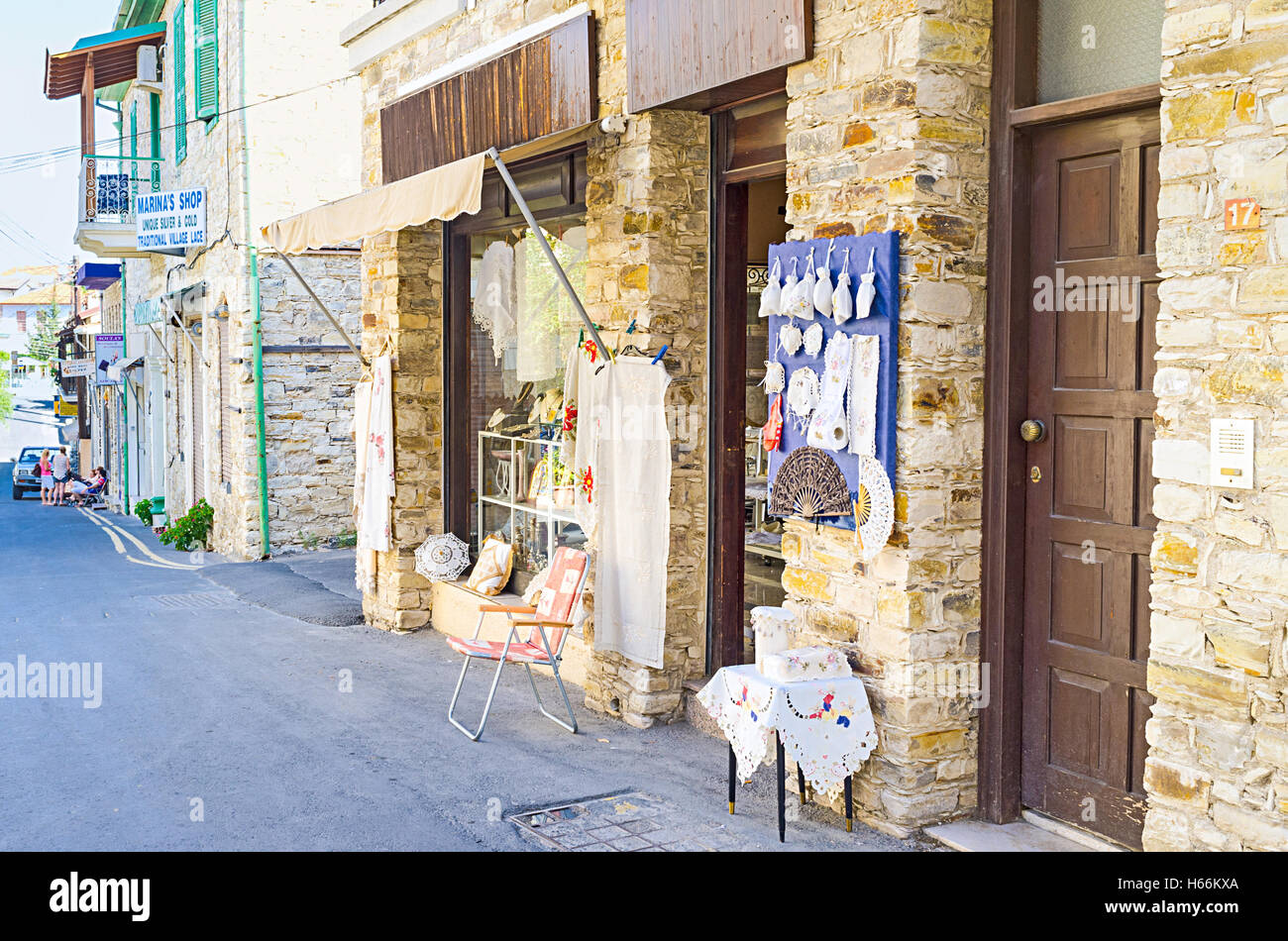 The shop of traditional embroideries in Lefkara, Cyprus. Stock Photo