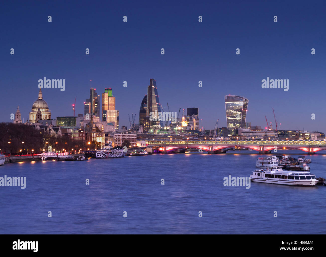 London City Finance centre and River Thames viewed from Waterloo Bridge
