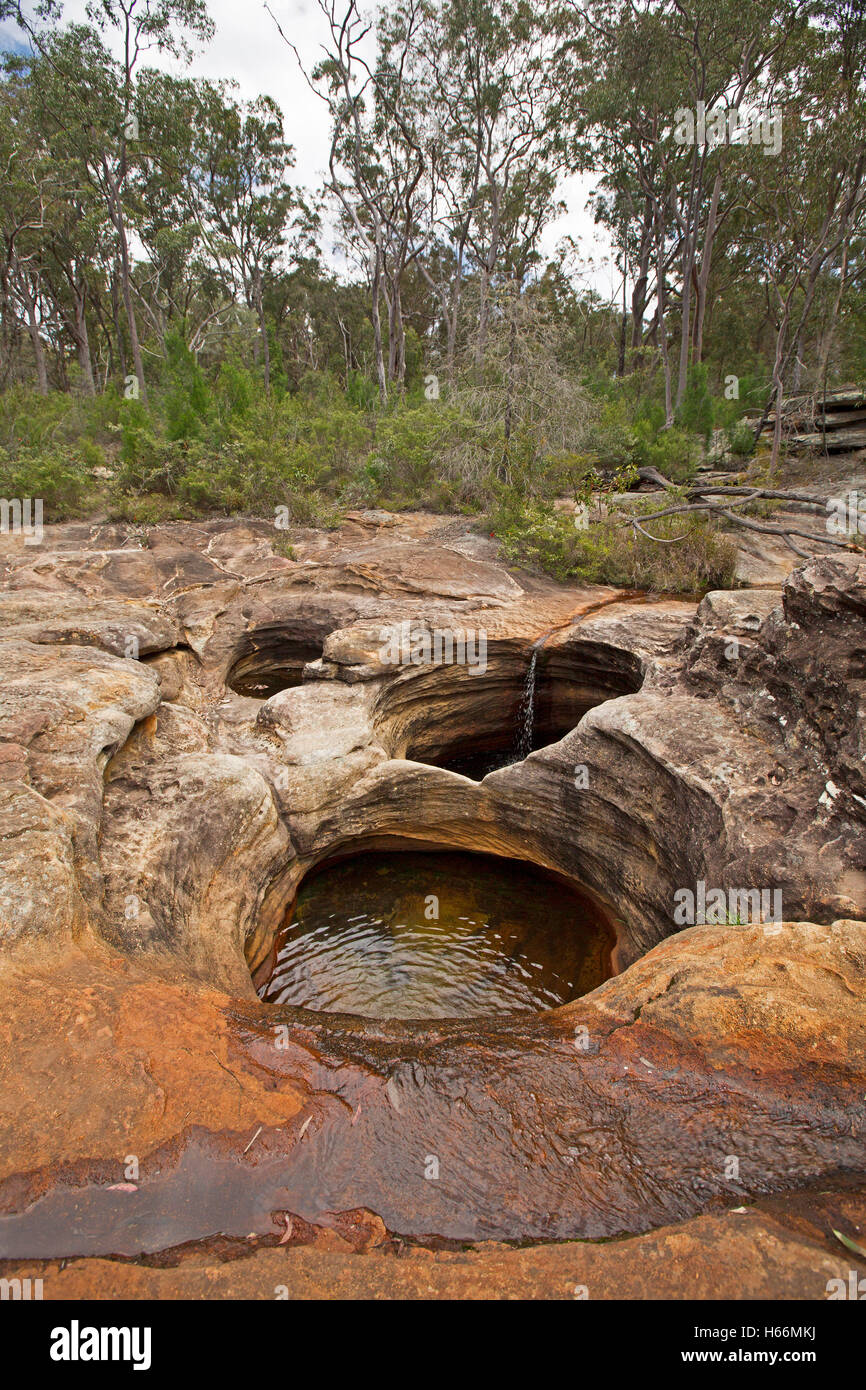 Deep holes in sandstone rocks eroded by water from stream trickling in like miniature waterfall with backdrop of woodlands Stock Photo