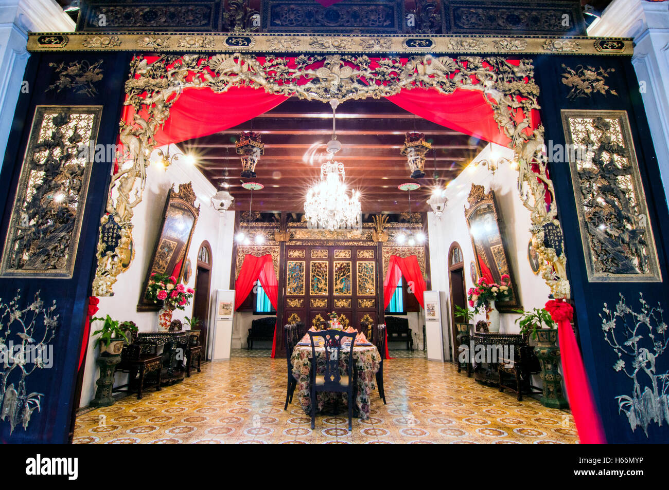 Dining room from lobby, Pinang Peranakan Museum, Lebuh Gereja, Georgetown, Penang, Malaysia Stock Photo
