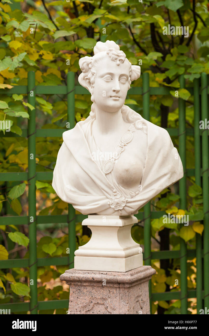 Sculptural bust of the Marcia Furnilla last wife of the Roman Emperor Titus in the Summer Garden, St. Petersburg Stock Photo