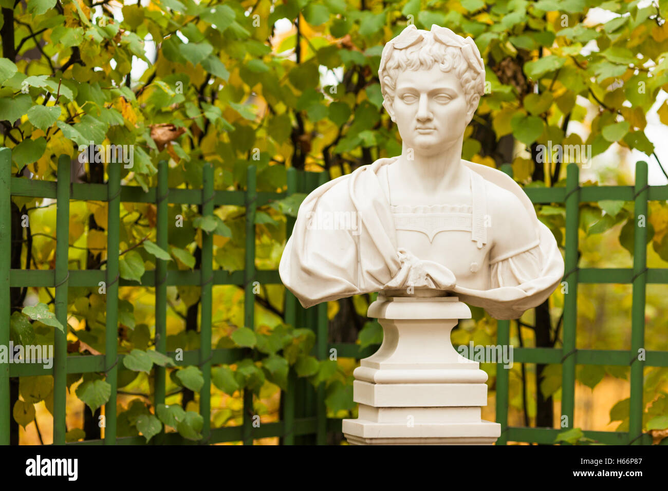 Sculptural bust of the Roman emperor Vespasian in the Summer Garden, St. Petersburg Stock Photo