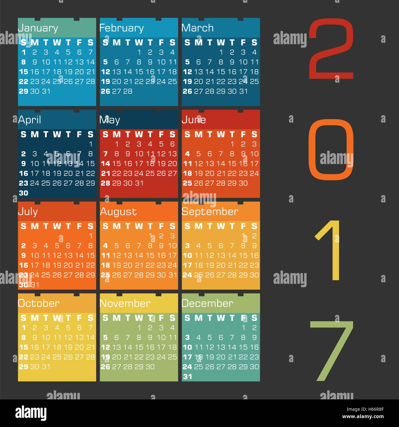 Calendar 2017 With Colors Of Seasons On A Dark Grey Background Stock 