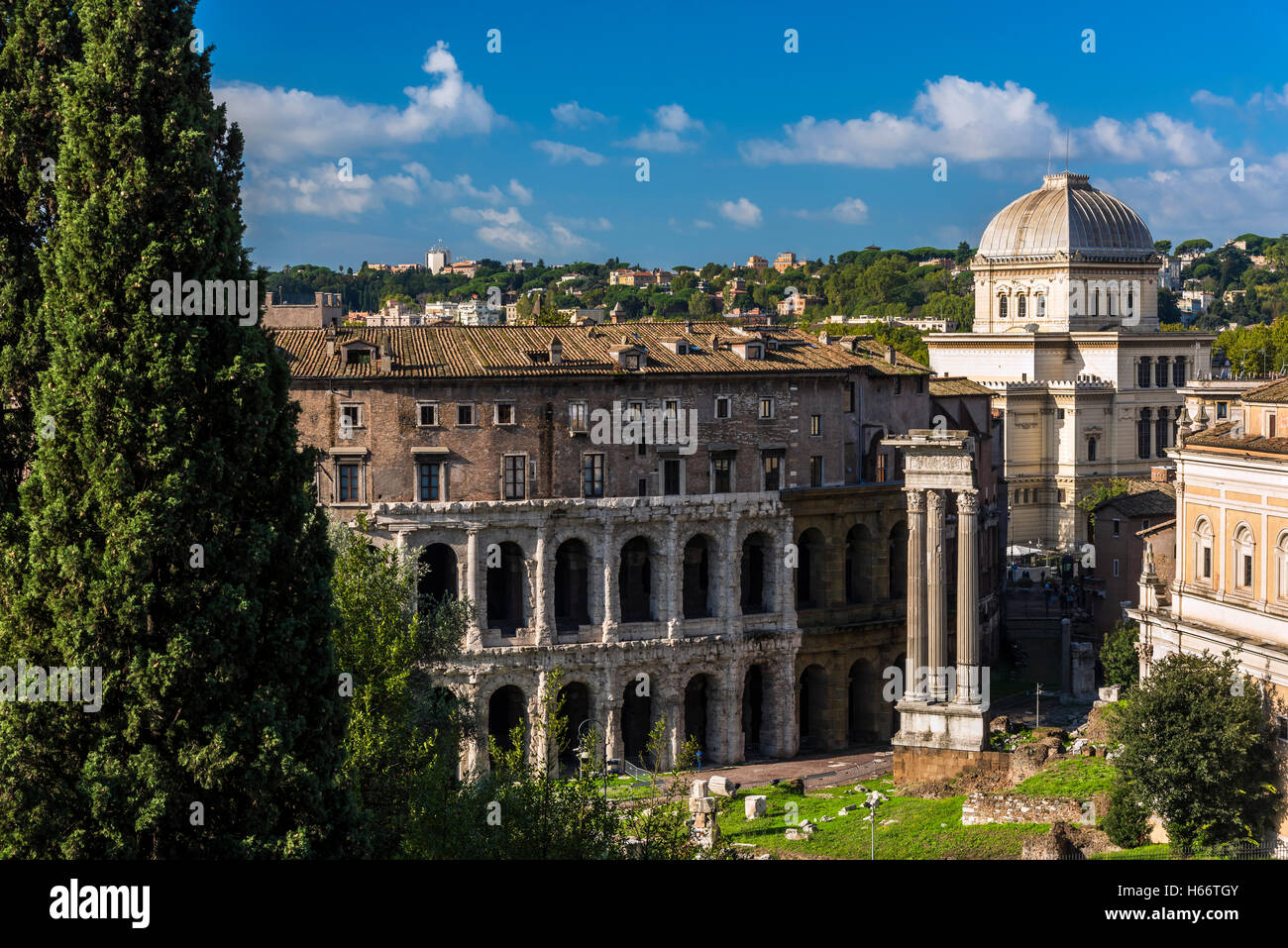 View over Theatre of Marcellus or Teatro di Marcello and the Great Synagogue of Rome, Rome, Lazio, Italy Stock Photo