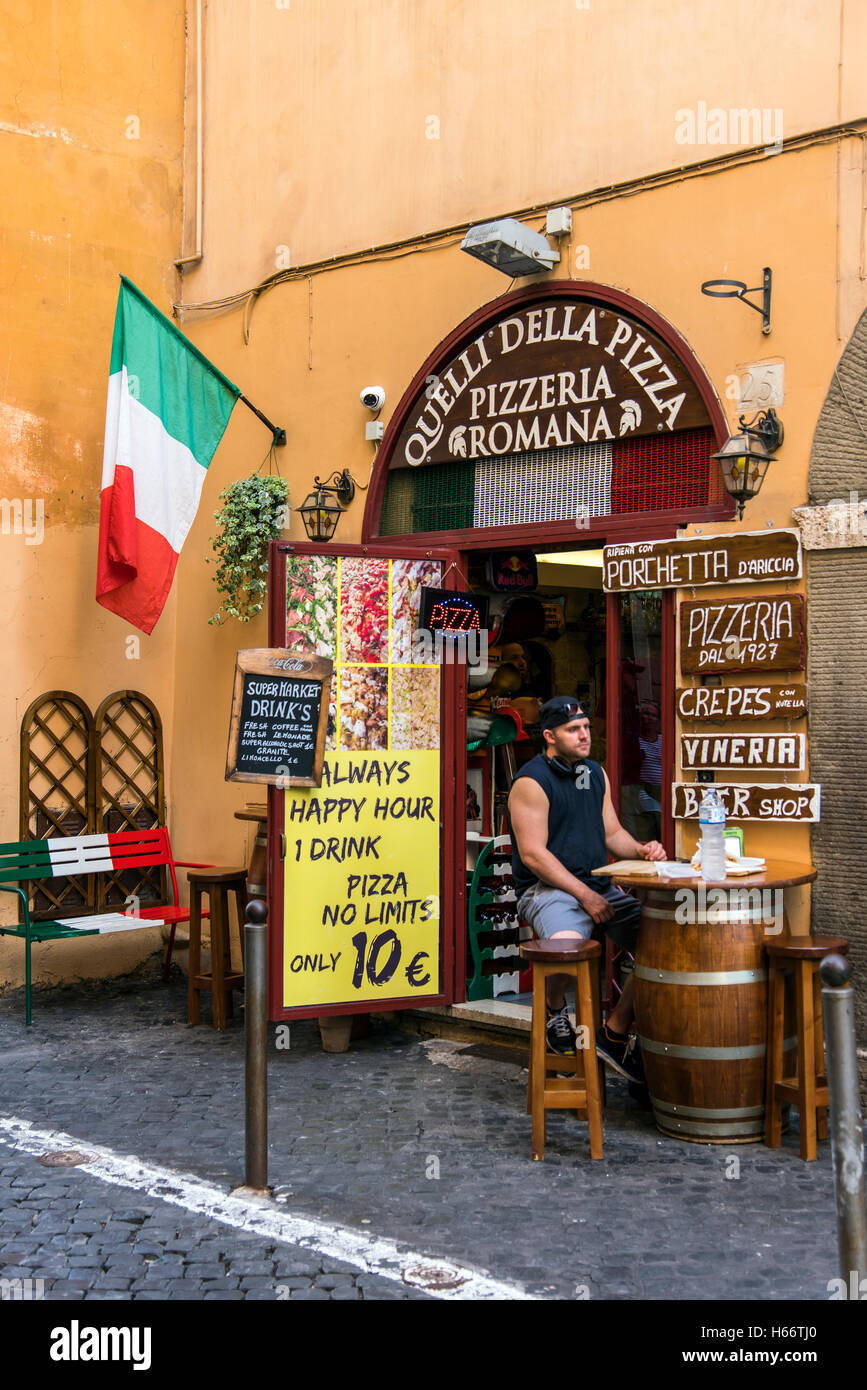 Pizzeria restaurant with Italian flag, Rome, Lazio, Italy Stock Photo
