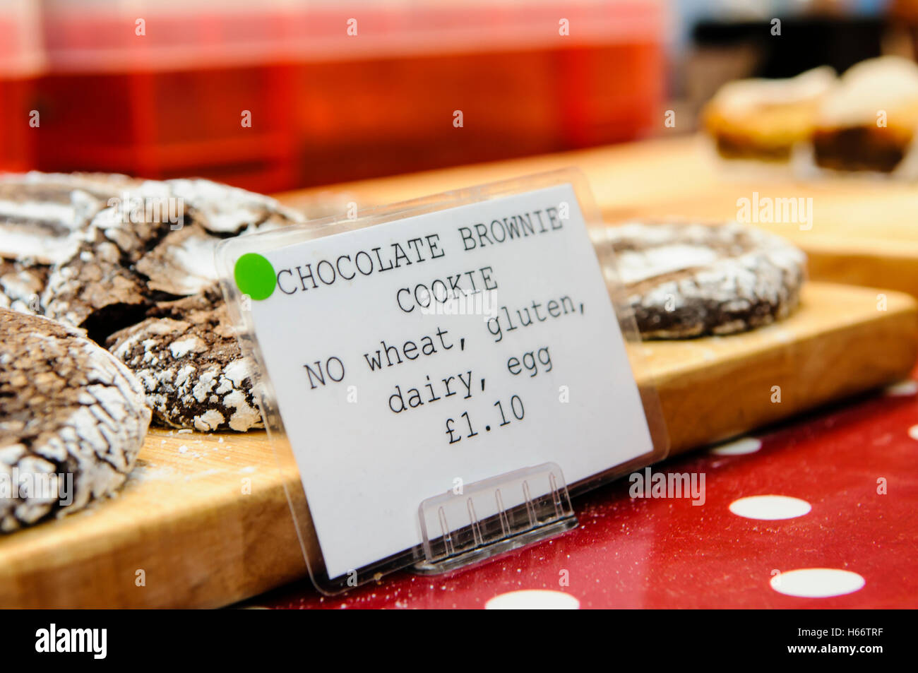 Gluten Free chocolate brownie cookies for sale at a food market Stock
