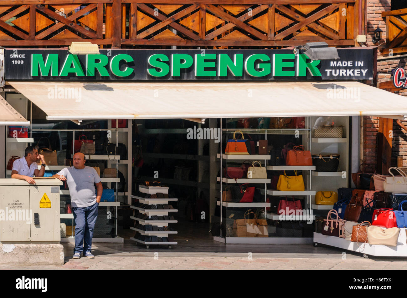 Shop in Turkey called 'Marc Spenger' (Marks and Spencer) selling counterfeit clothing, sportswear and watches Stock Photo