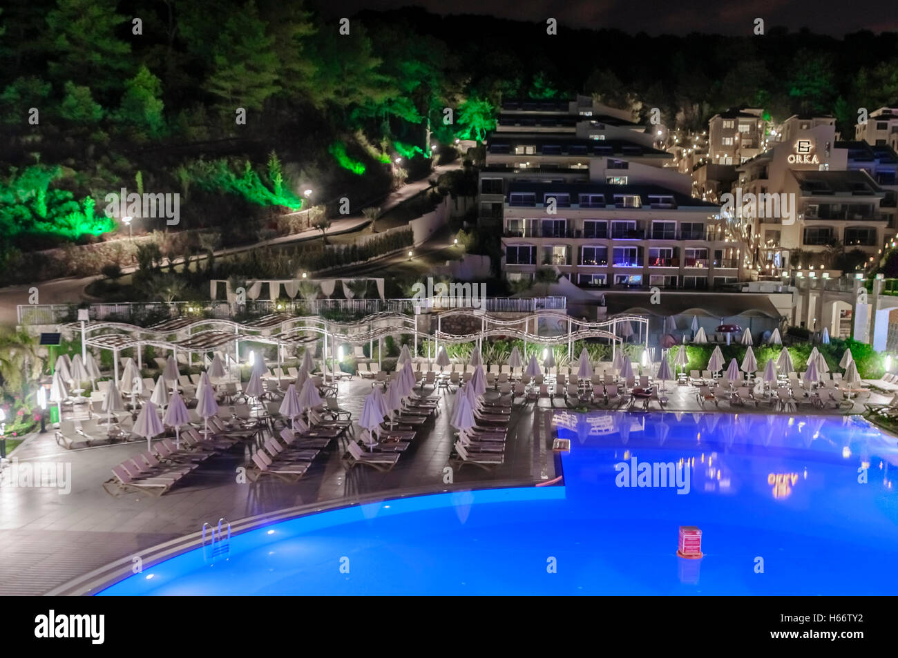 Orka Sunlife Hotel, Turkey, at night. Stock Photo