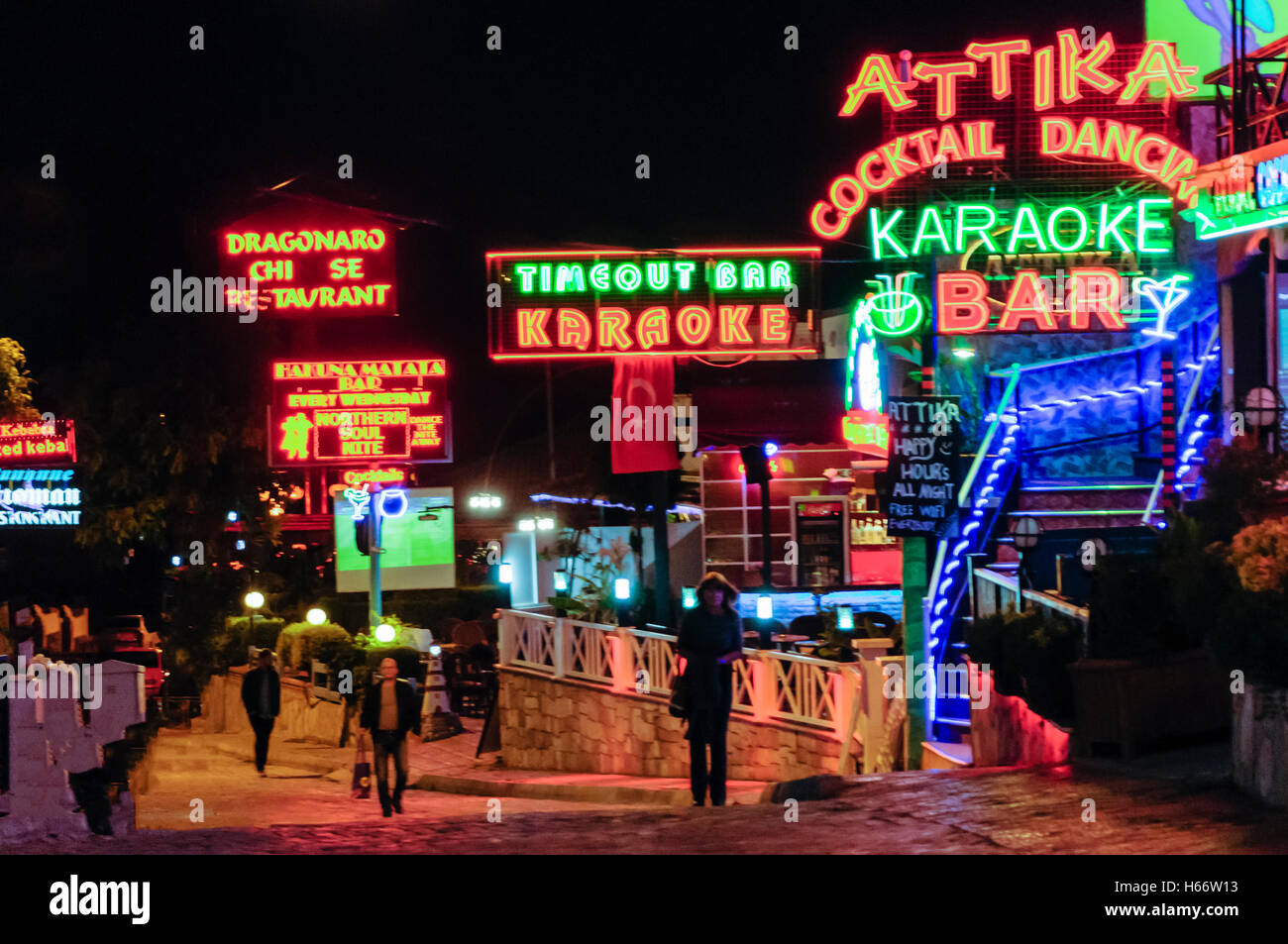 Shops, bars and restaurants in Hisaronu, Oludeniz, Fethiye, Turkey with