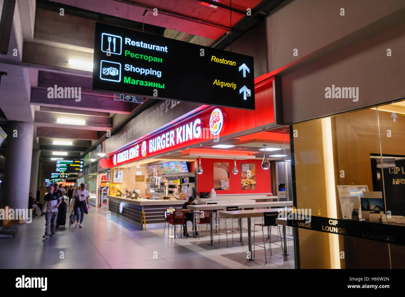 Burger King restaurant in an airport with signs in Turkish, English and Russian. Stock Photo